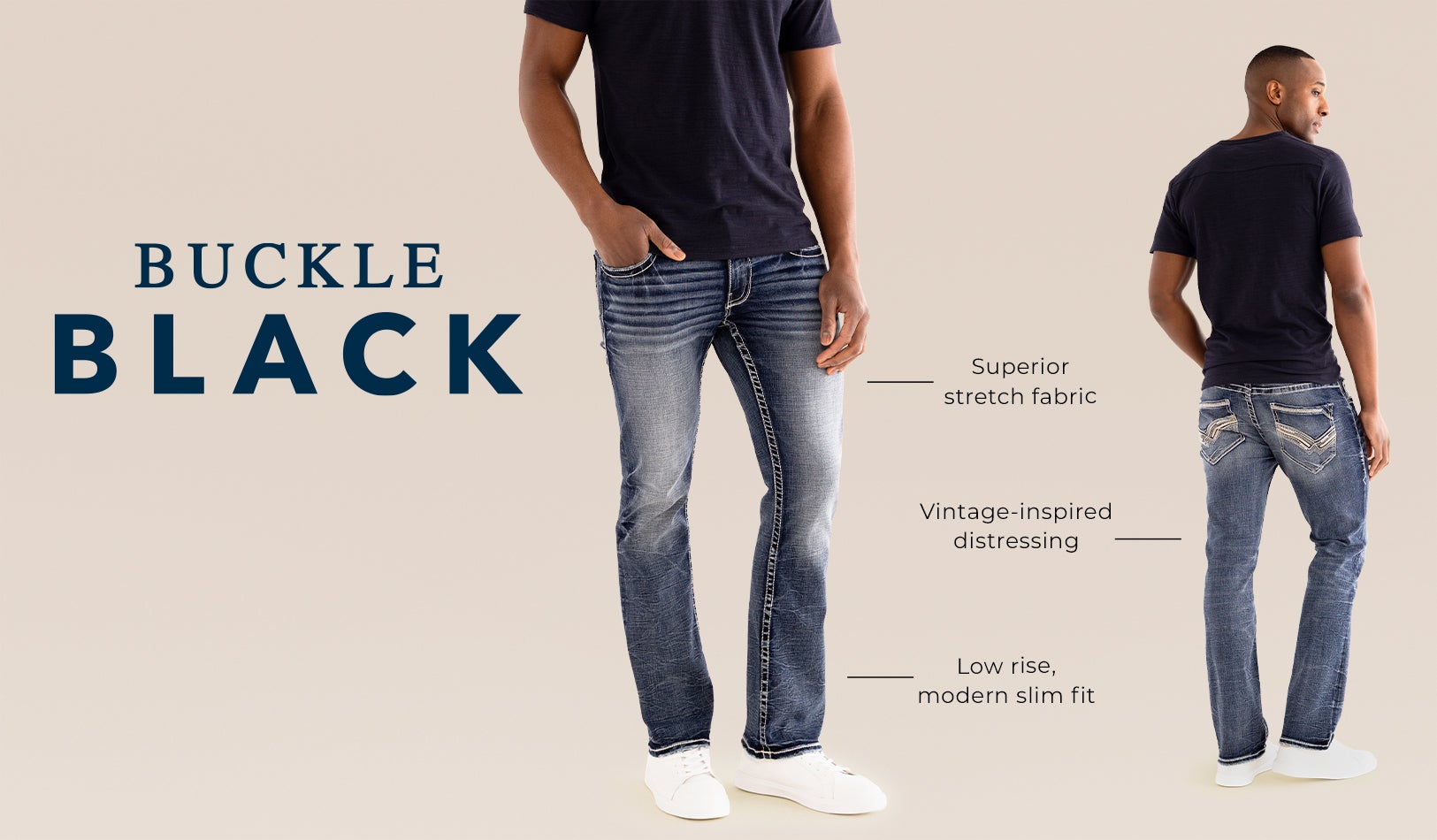 Buckle Black - A guy wearing a black tee with a pair of dark wash Buckle Black jeans.