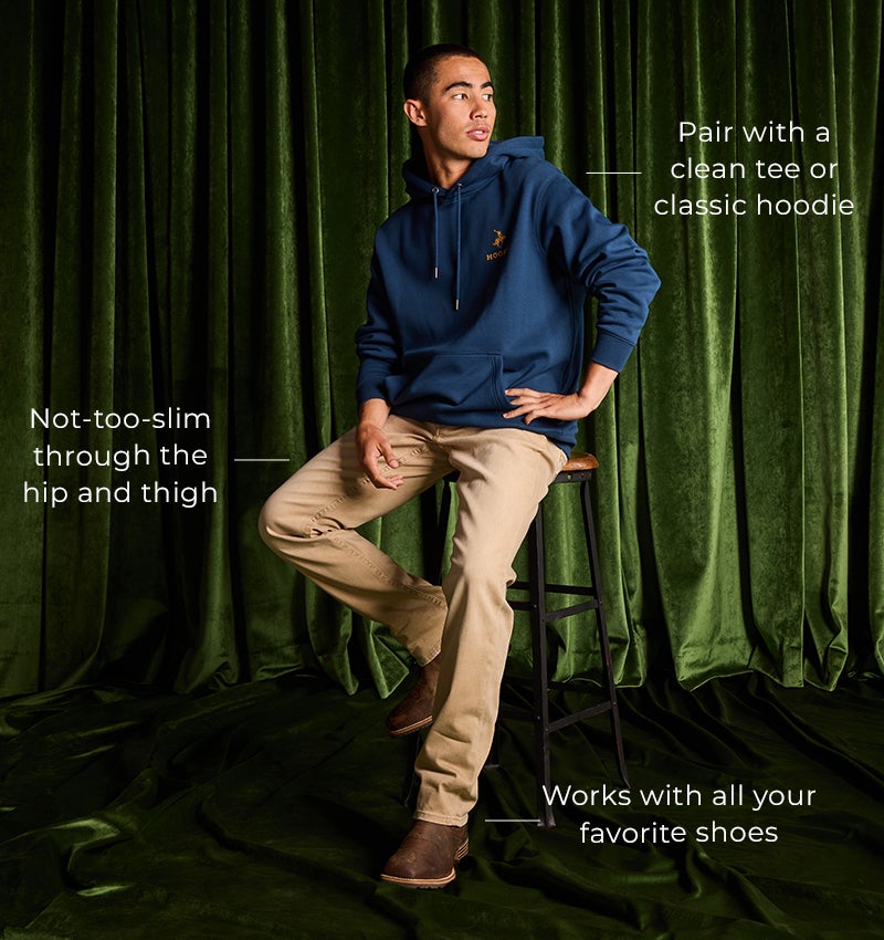 Get the Perfect Fit - A guy wearing a blue hooded sweatshirt with a pair of khakis