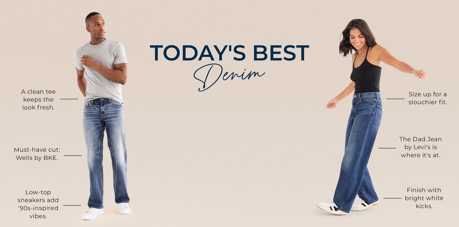 Today's Best Denim - A guy wearing a grey t-shirt with a pair of dark wash jeans. A gal wearing a black tank top with a pair of dark wash jeans.